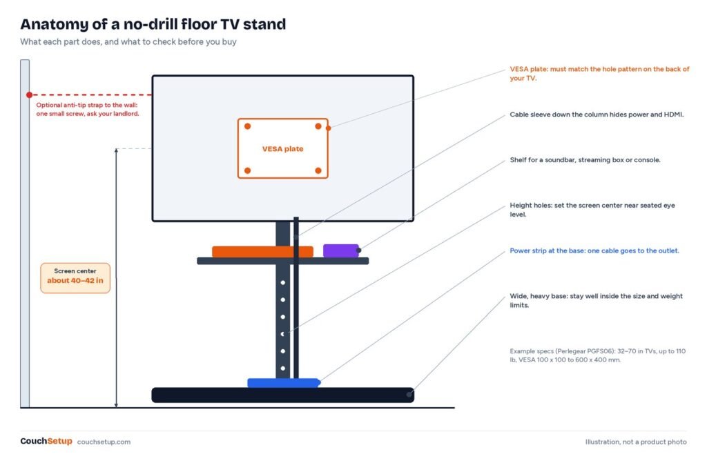 Labeled diagram of a floor TV stand showing the VESA plate, height holes, cable sleeve, shelf, power strip, base and anti-tip strap