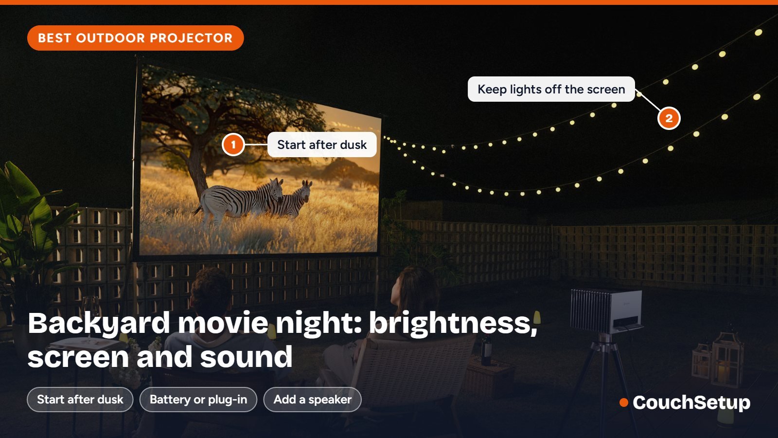 A backyard movie night with a projector on a tripod and a large screen