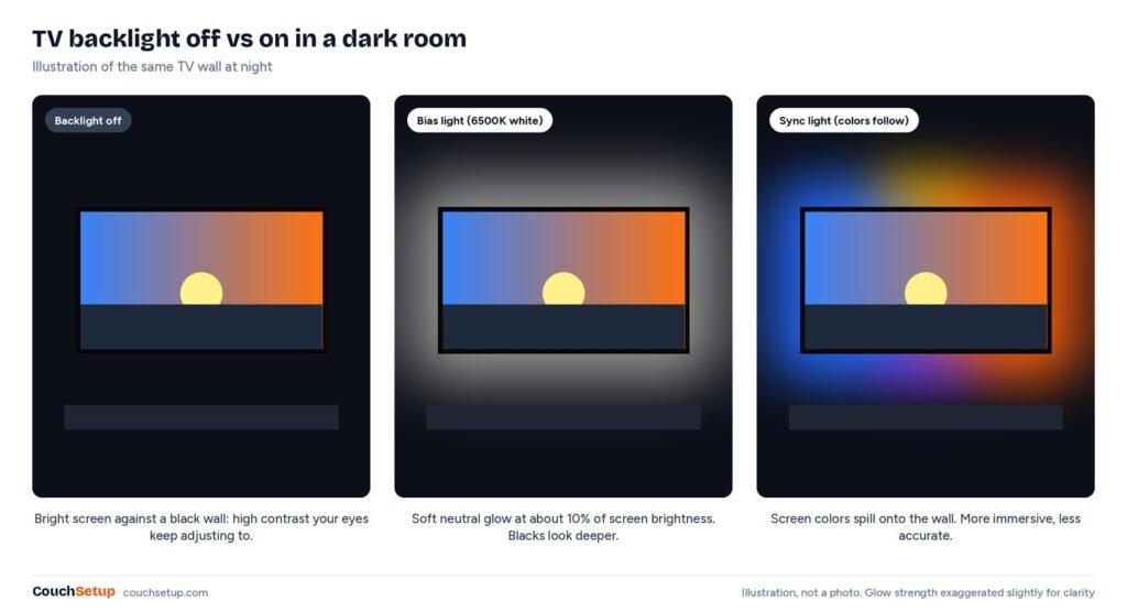 The same TV in a dark room with no backlight, a white bias light and a color sync light