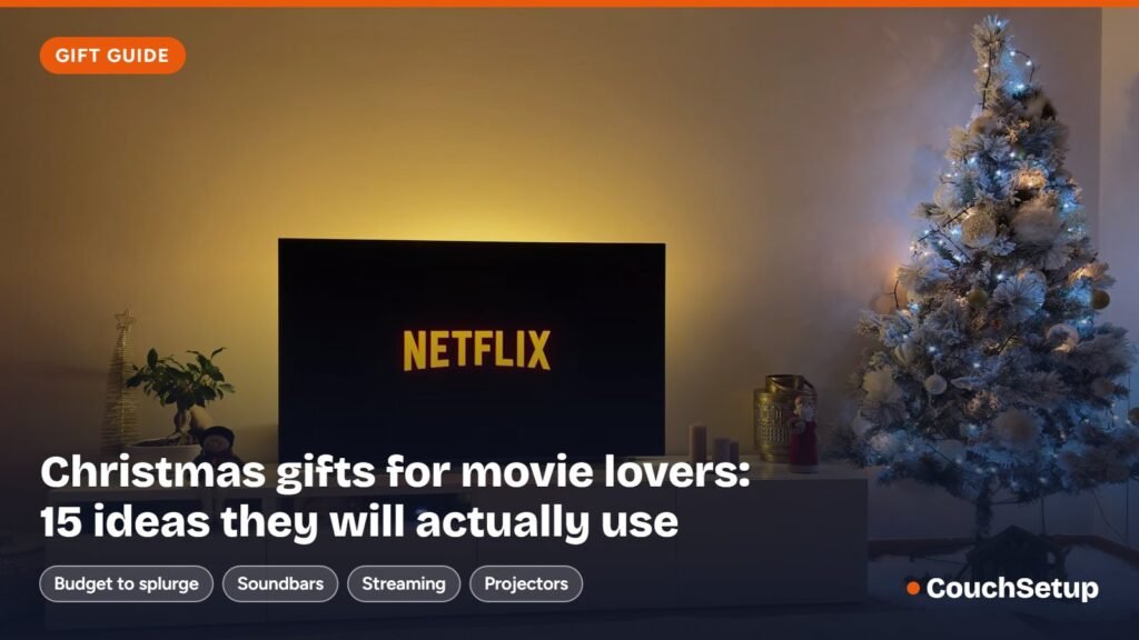 Christmas gifts for movie lovers: a TV with a soft backlight beside a Christmas tree