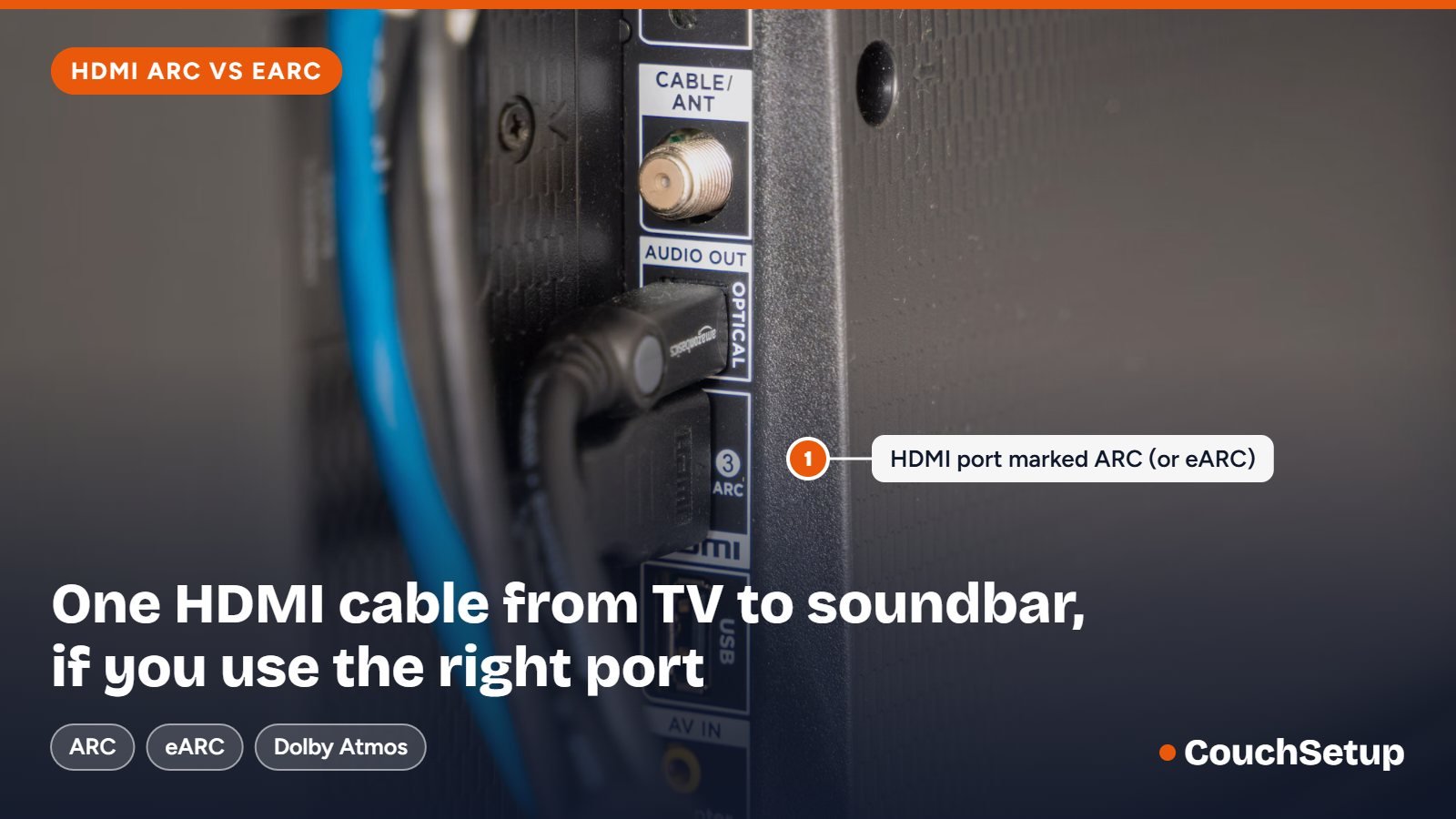HDMI port labeled ARC on the back of a TV with a cable plugged in