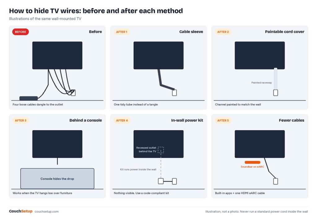 Illustration of the same wall-mounted TV before and after each of five cable hiding methods