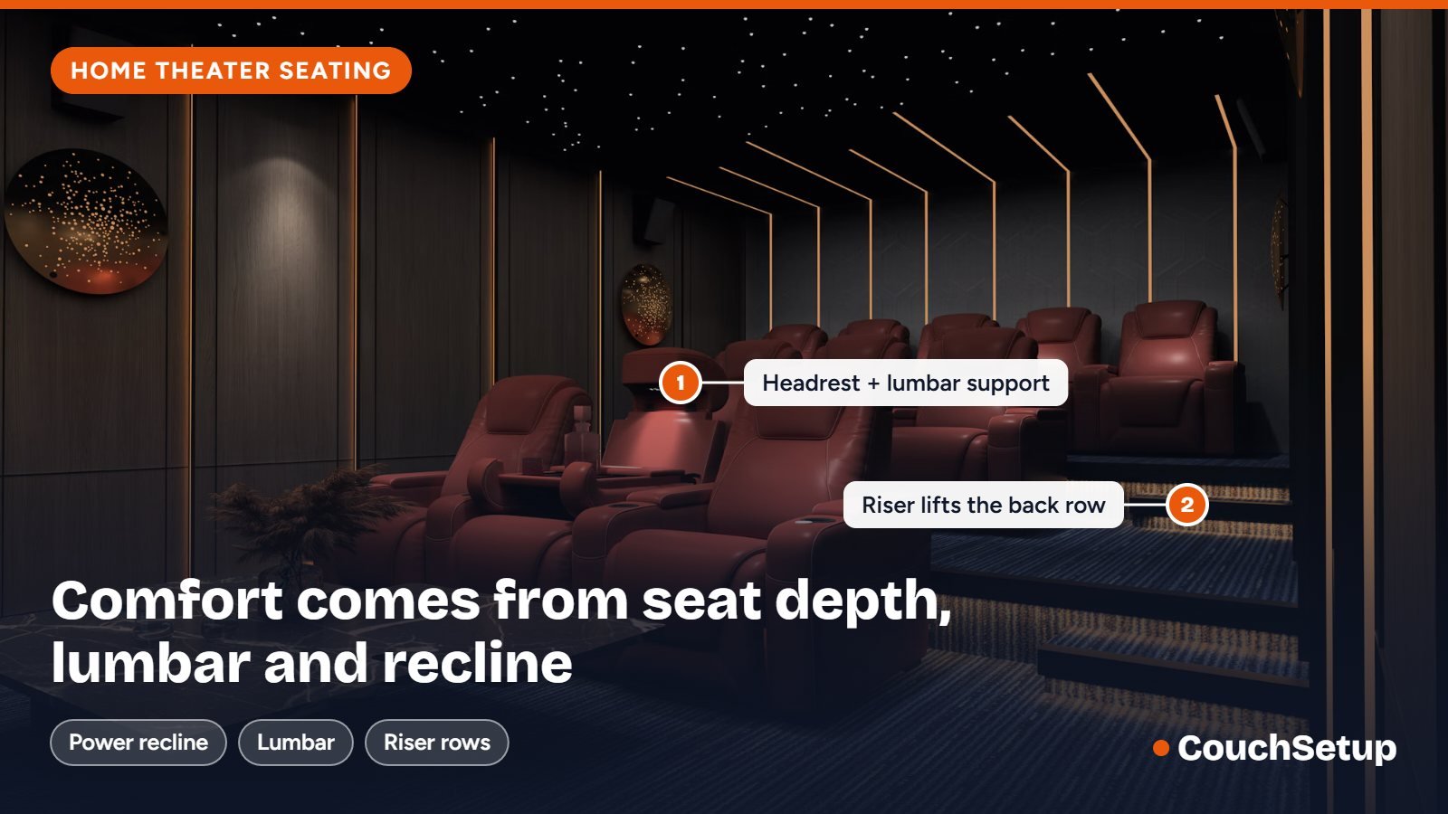 Rows of power recliners on a riser in a dark media room