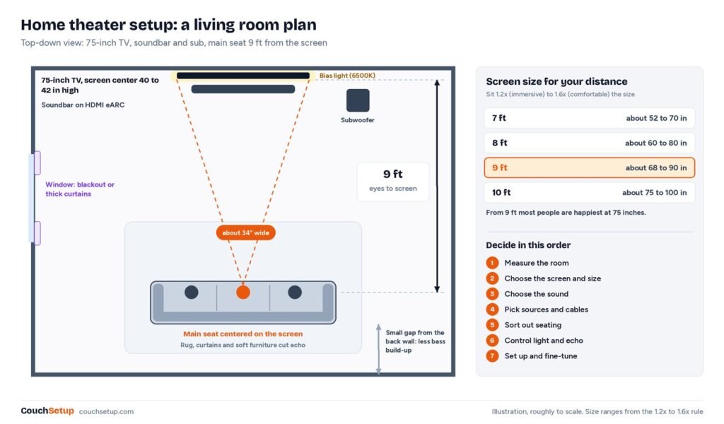 Plan: top-down living room with a 75-inch TV and bias light, soundbar on HDMI eARC, subwoofer, and a centered couch 9 feet from the screen, with screen sizes for 7 to 10 feet