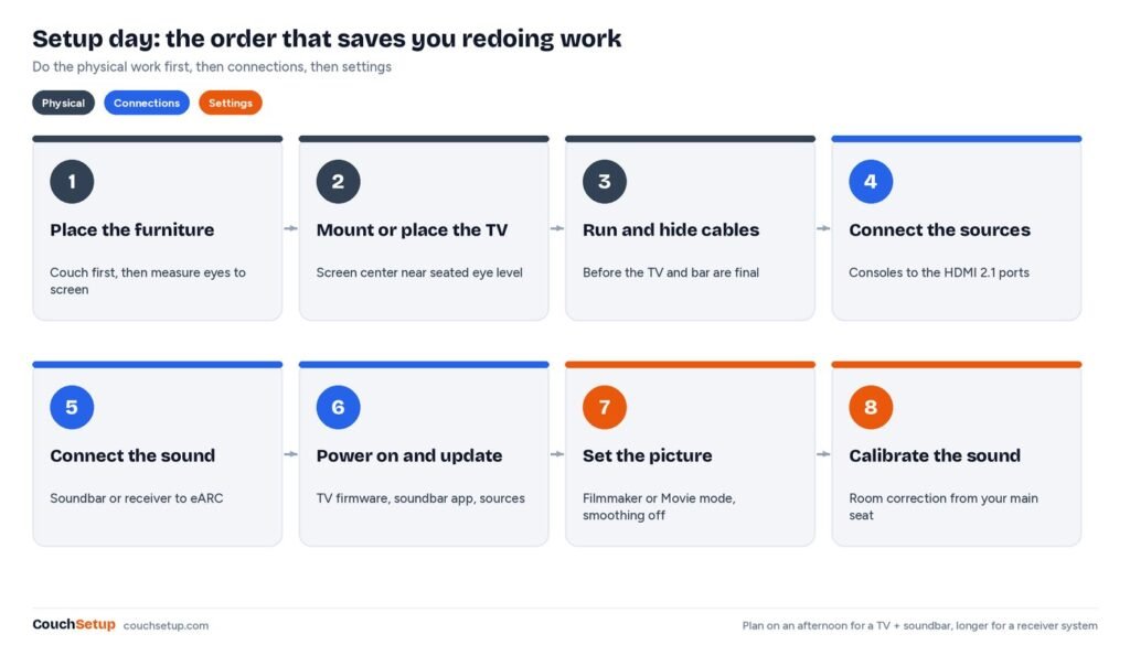 Checklist in 8 steps: place the furniture, mount the TV, hide cables, connect sources, connect the soundbar to eARC, update firmware, set the picture and calibrate the sound