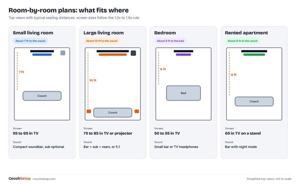 Room-by-room plans: small living room at 7 feet with a 55 to 65-inch TV, large living room at 10 feet with a 75 to 85-inch TV, bedroom at 6 feet and a rented apartment at 8 feet