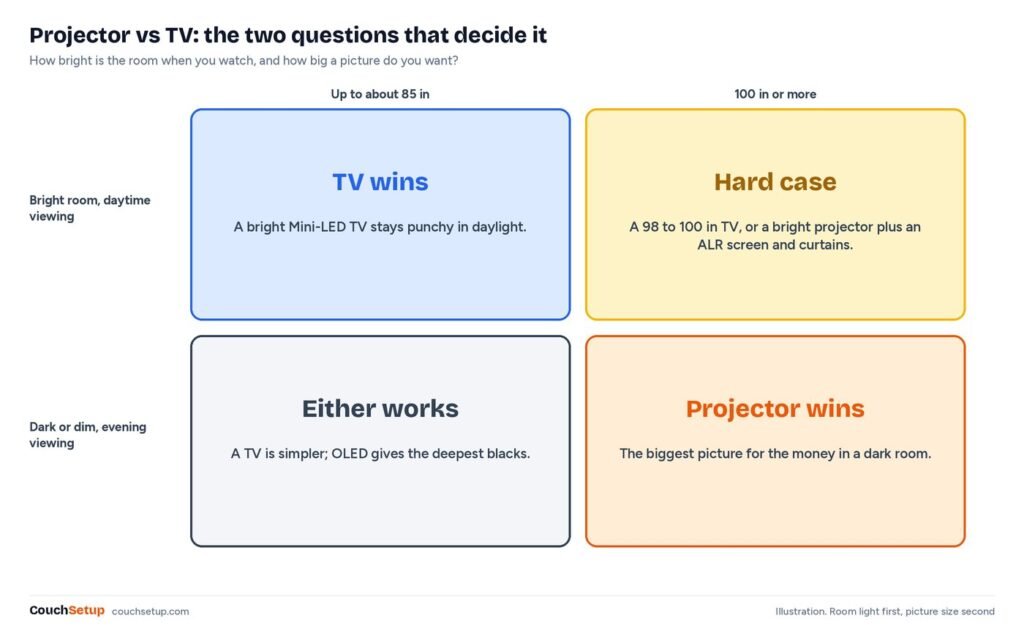 Decision map with room light on one axis and picture size on the other, showing where a TV or a projector fits best