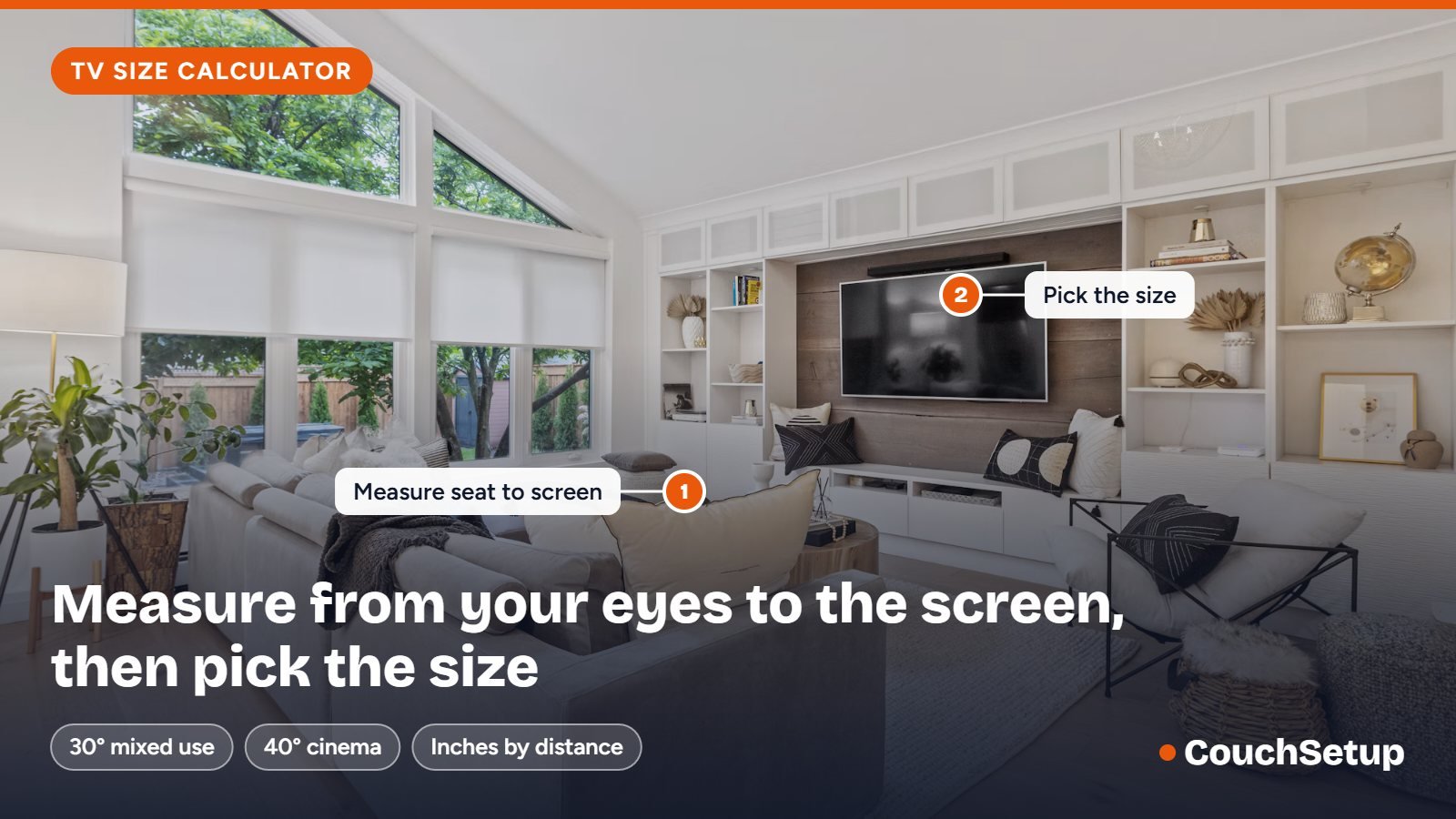 TV size calculator: living room with a sofa facing a wall-mounted TV